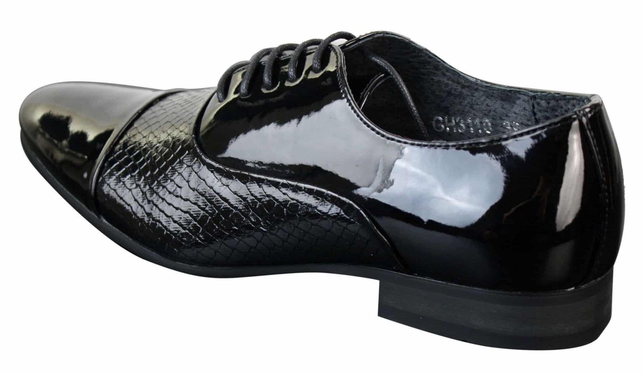 Sapatos masculinos de couro envernizado brilhante com cadarço, estampa de cobra, design italiano, nas cores preto e branco.