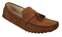 Mocassins masculinos de camurça marrom e azul marinho com borla, estilo mocassim, para dirigir, em couro.