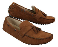 Mocassins masculinos de camurça marrom e azul marinho com borla, estilo mocassim, para dirigir, em couro.