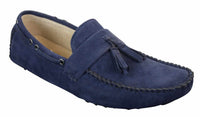 Mocassins masculinos de camurça marrom e azul marinho com borla, estilo mocassim, para dirigir, em couro.