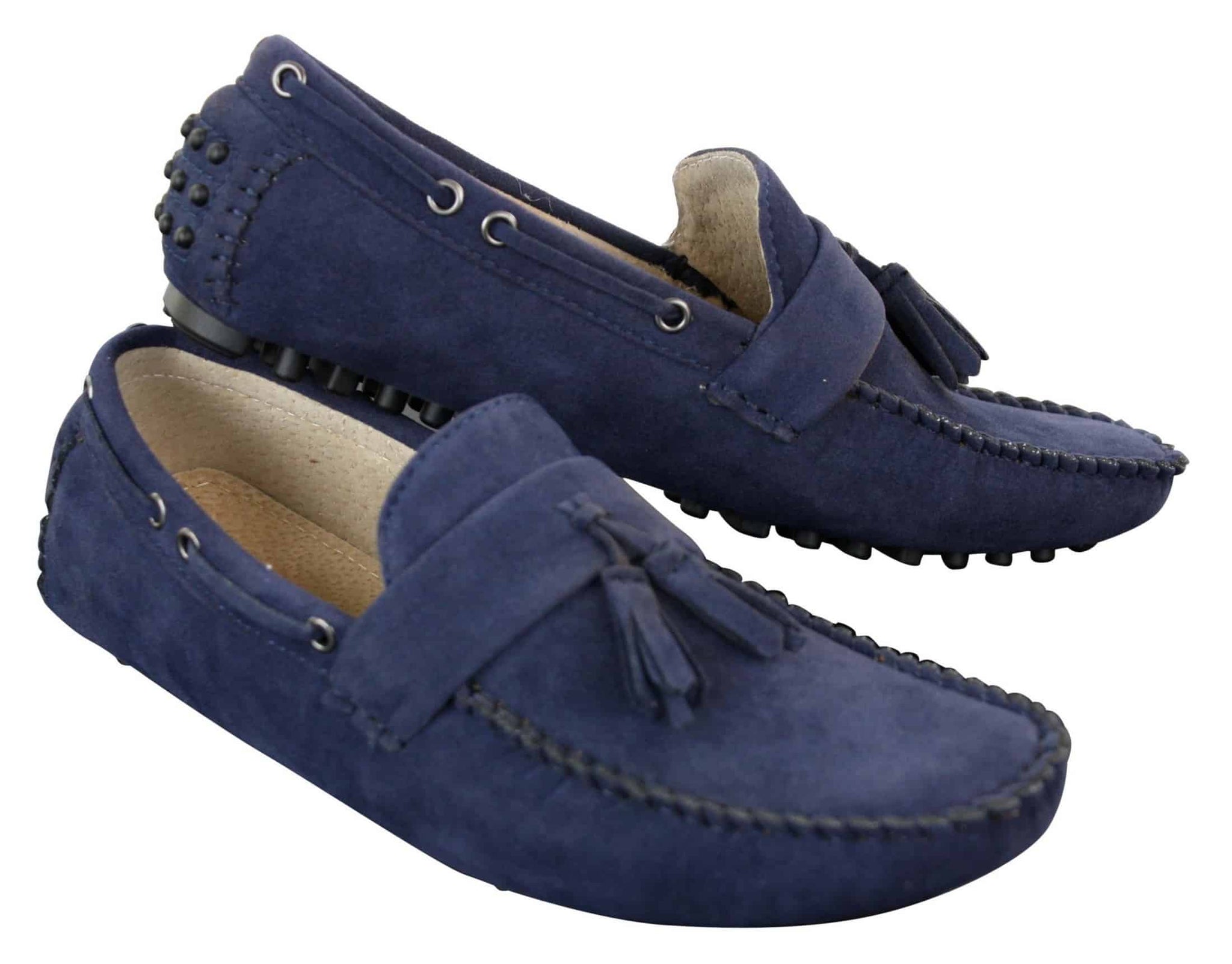 Mocassins masculinos de camurça marrom e azul marinho com borla, estilo mocassim, para dirigir, em couro.