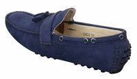 Mocassins masculinos de camurça marrom e azul marinho com borla, estilo mocassim, para dirigir, em couro.