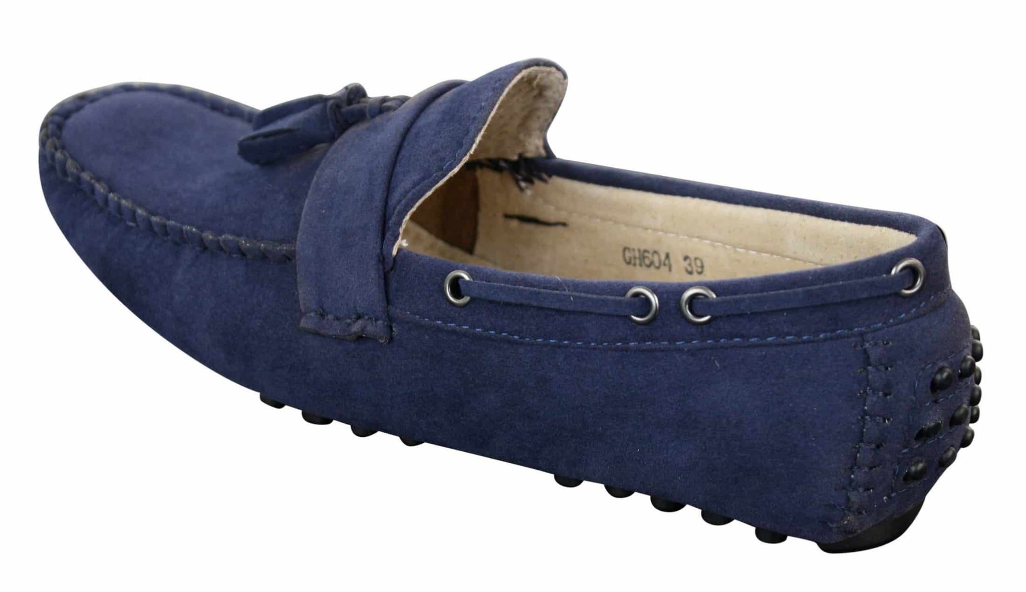 Mocassins masculinos de camurça marrom e azul marinho com borla, estilo mocassim, para dirigir, em couro.
