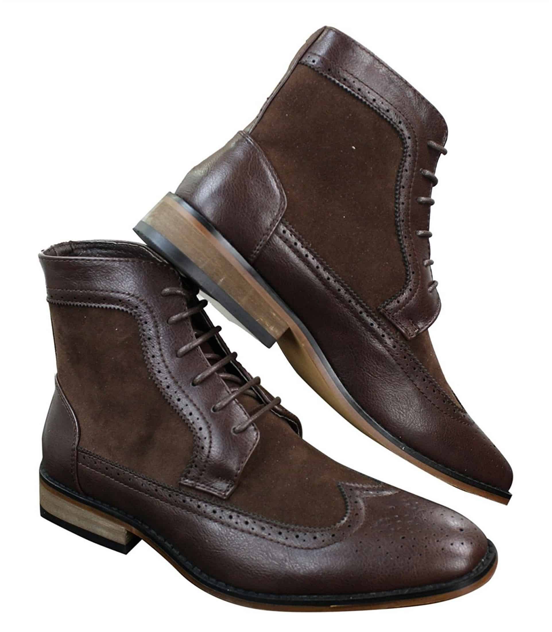 Botas Chelsea Brouge masculinas de cano curto em couro camurça italiana, elegantes e casuais, com cadarço e estilo retrô.