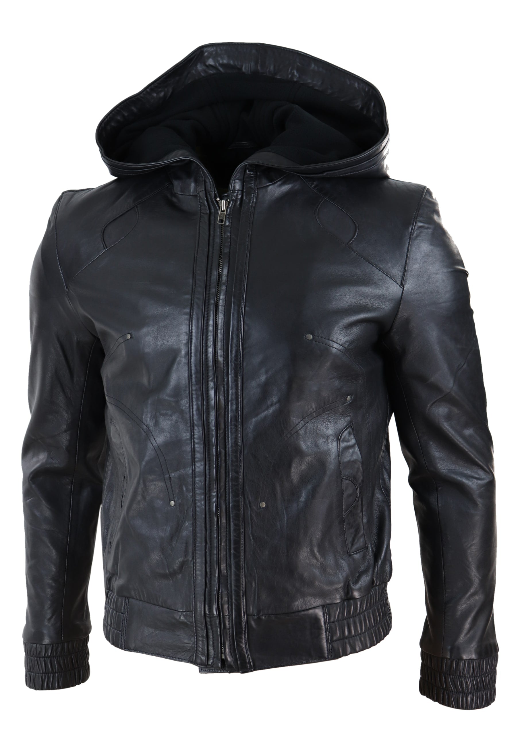 Jaqueta bomber masculina de couro preto com capuz.