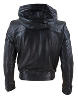 Jaqueta bomber masculina de couro preto com capuz.