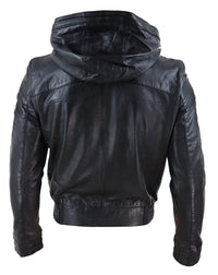 Jaqueta bomber masculina de couro preto com capuz.