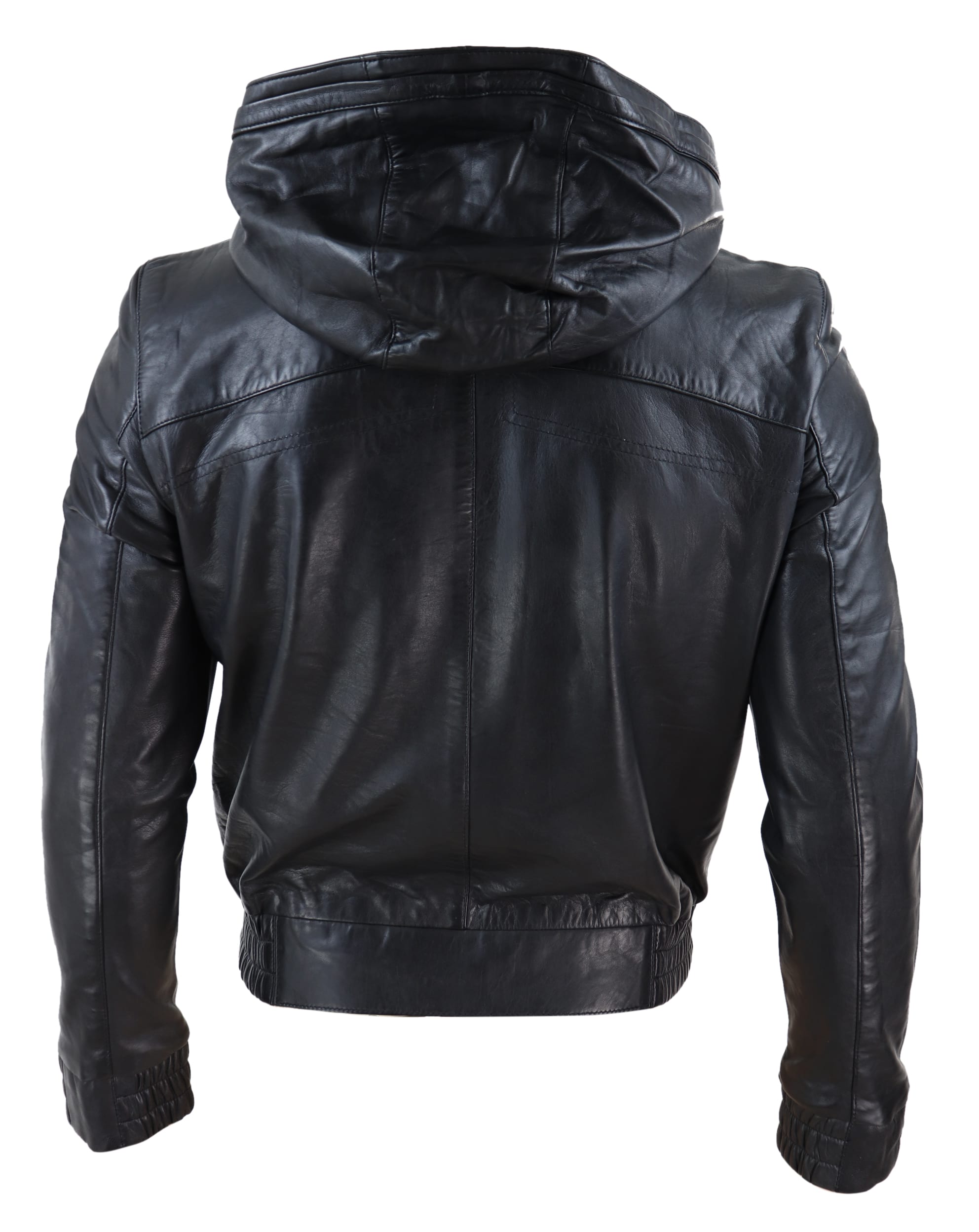Jaqueta bomber masculina de couro preto com capuz.