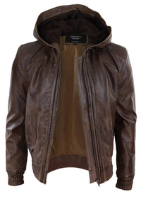 Jaqueta bomber masculina de couro marrom com capuz.