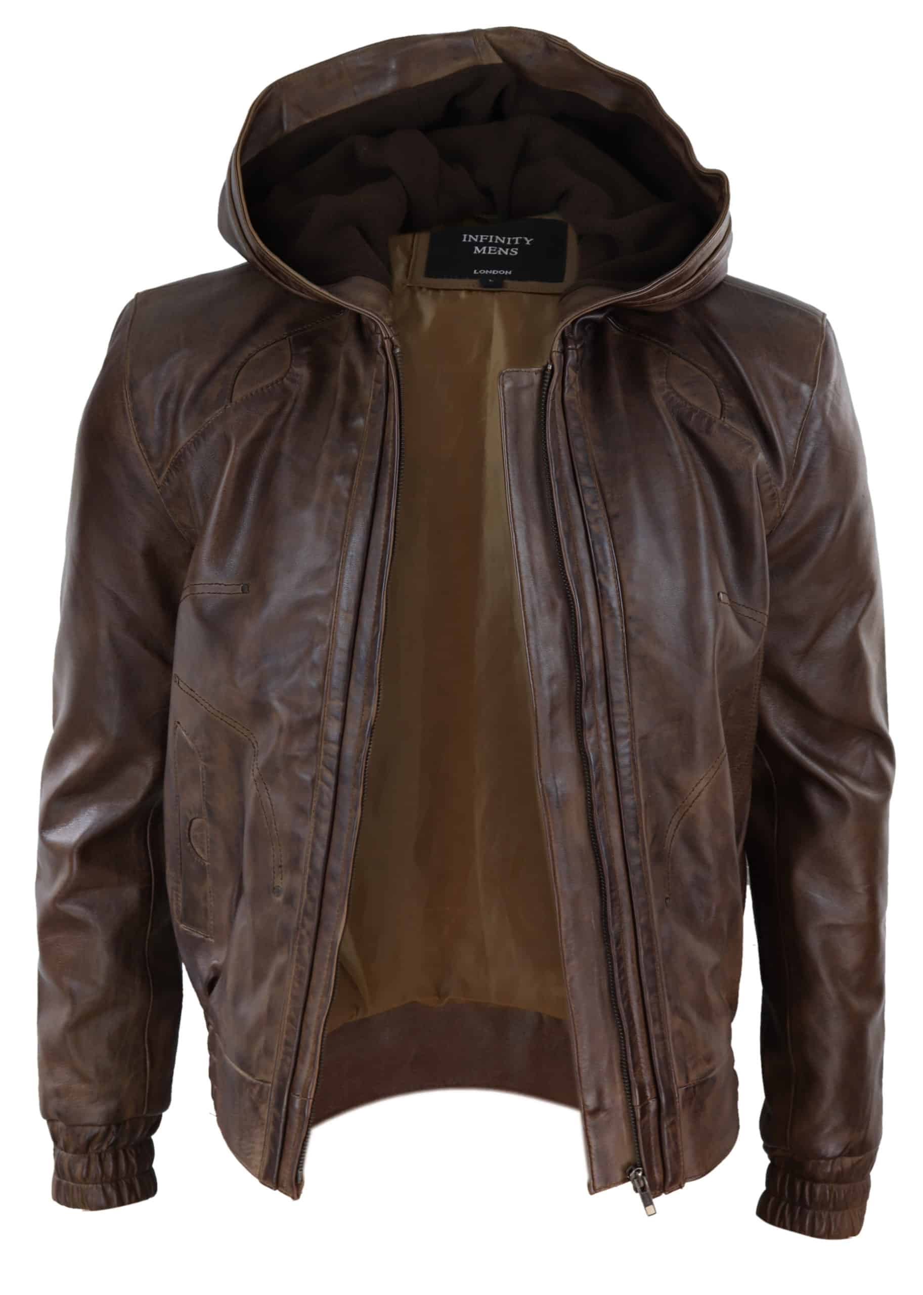 Jaqueta bomber masculina de couro marrom com capuz.