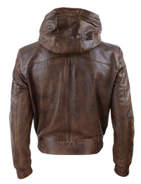 Jaqueta bomber masculina de couro marrom com capuz.