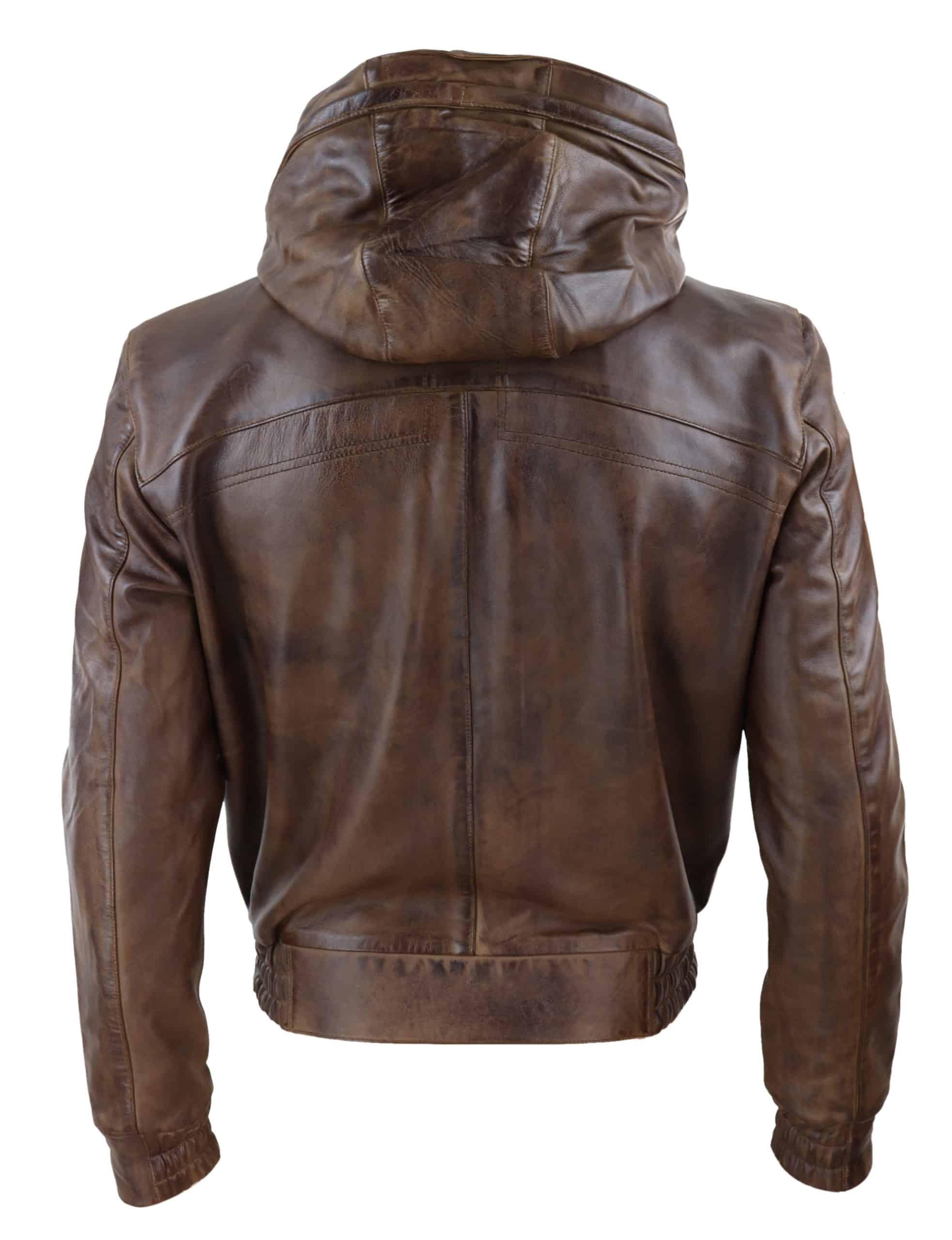 Jaqueta bomber masculina de couro marrom com capuz.