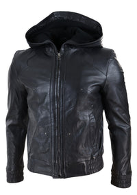 Jaqueta bomber masculina de couro preto com capuz.