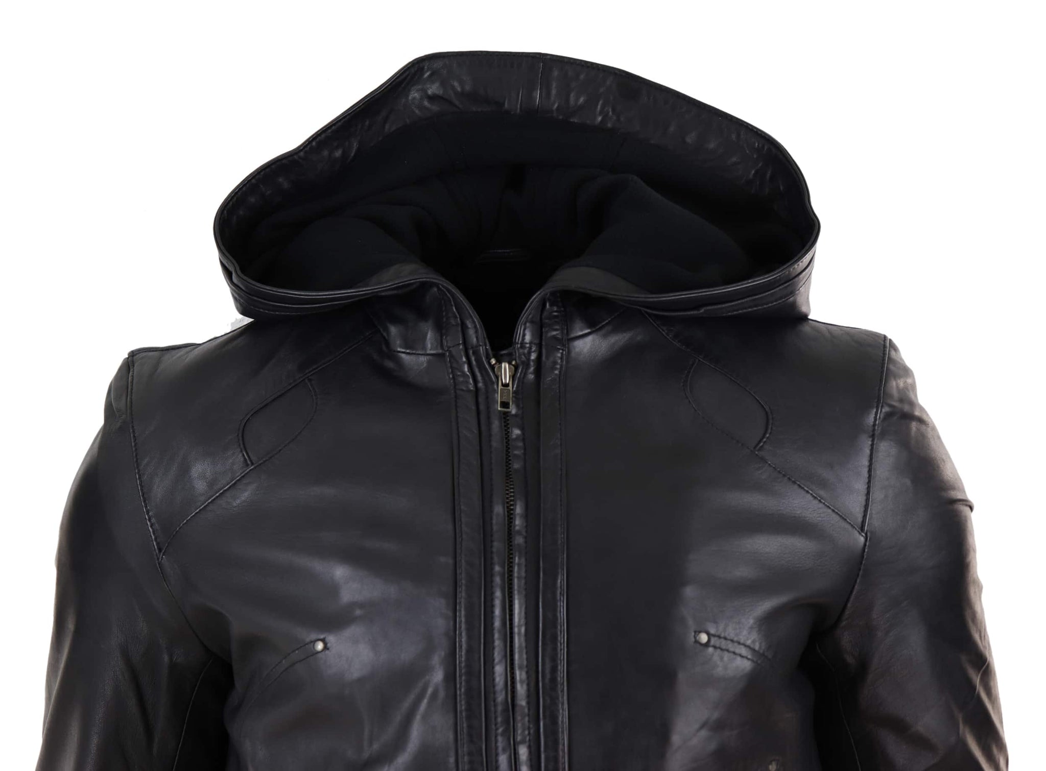 Jaqueta bomber masculina de couro preto com capuz.