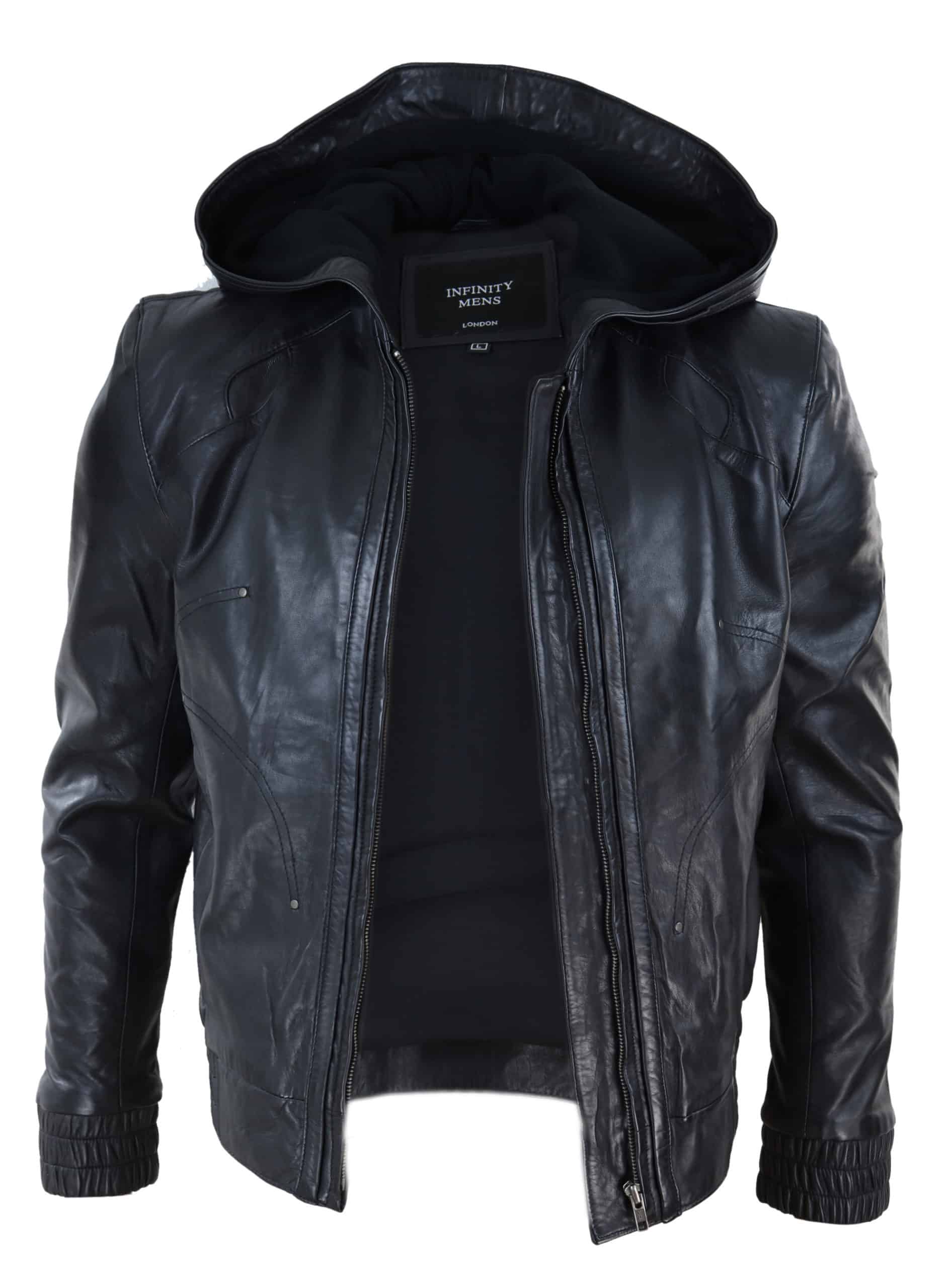 Jaqueta bomber masculina de couro preto com capuz.