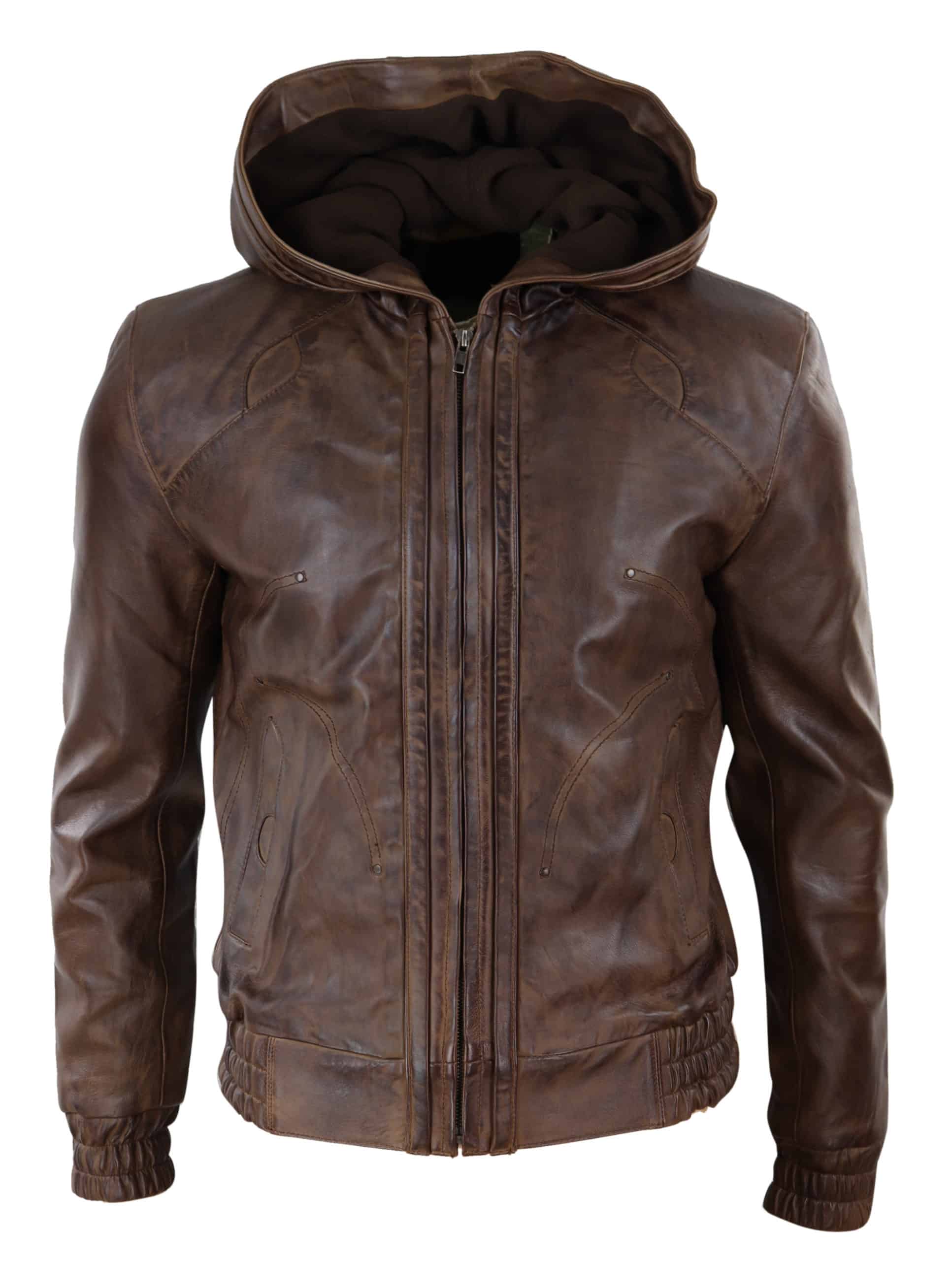 Jaqueta bomber masculina de couro marrom com capuz.
