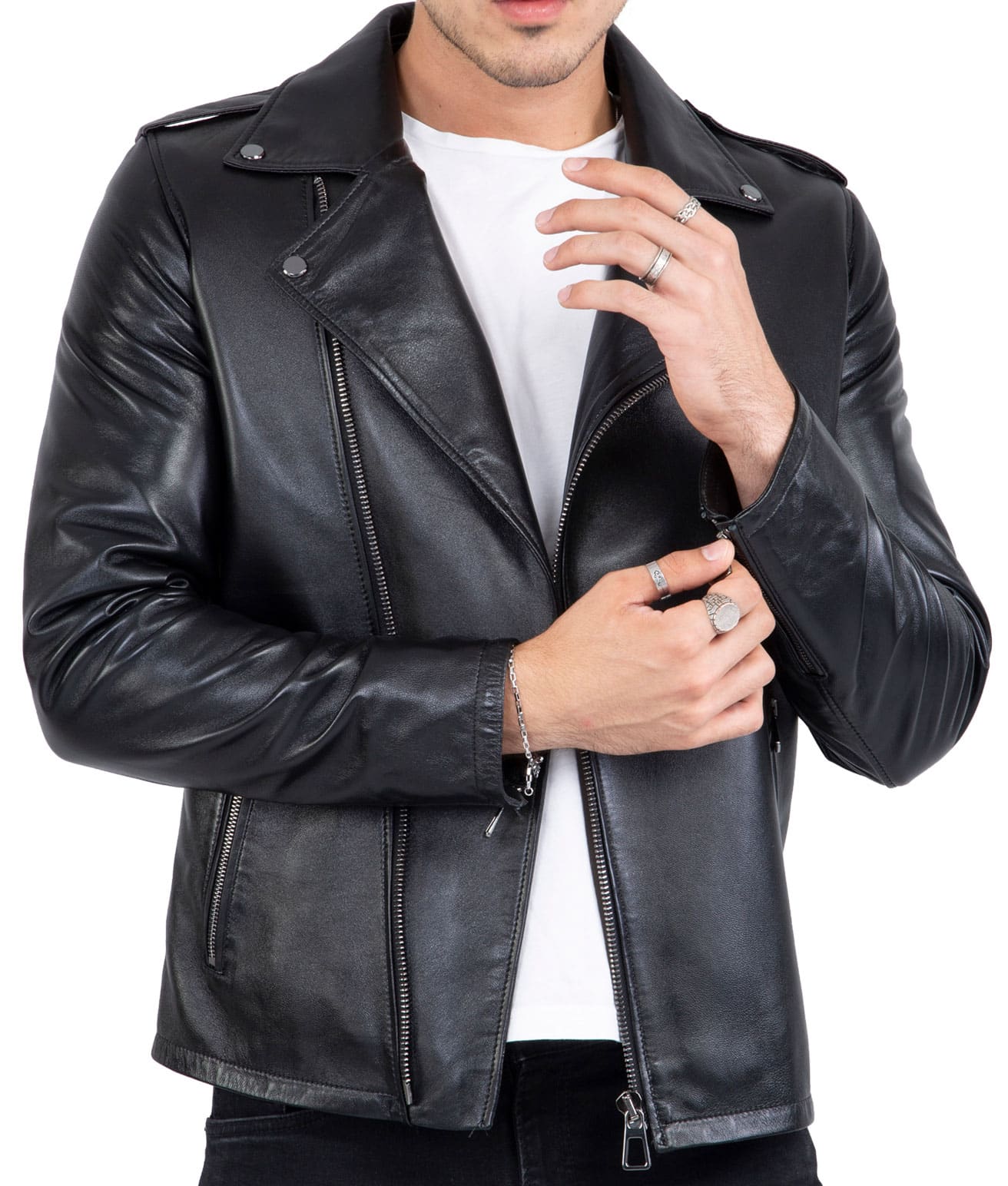 Happy Gentleman B104 - Jaqueta Brando preta slim fit com zíper cruzado em couro legítimo para homens