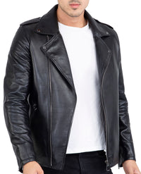 Happy Gentleman B104 - Jaqueta Brando preta slim fit com zíper cruzado em couro legítimo para homens