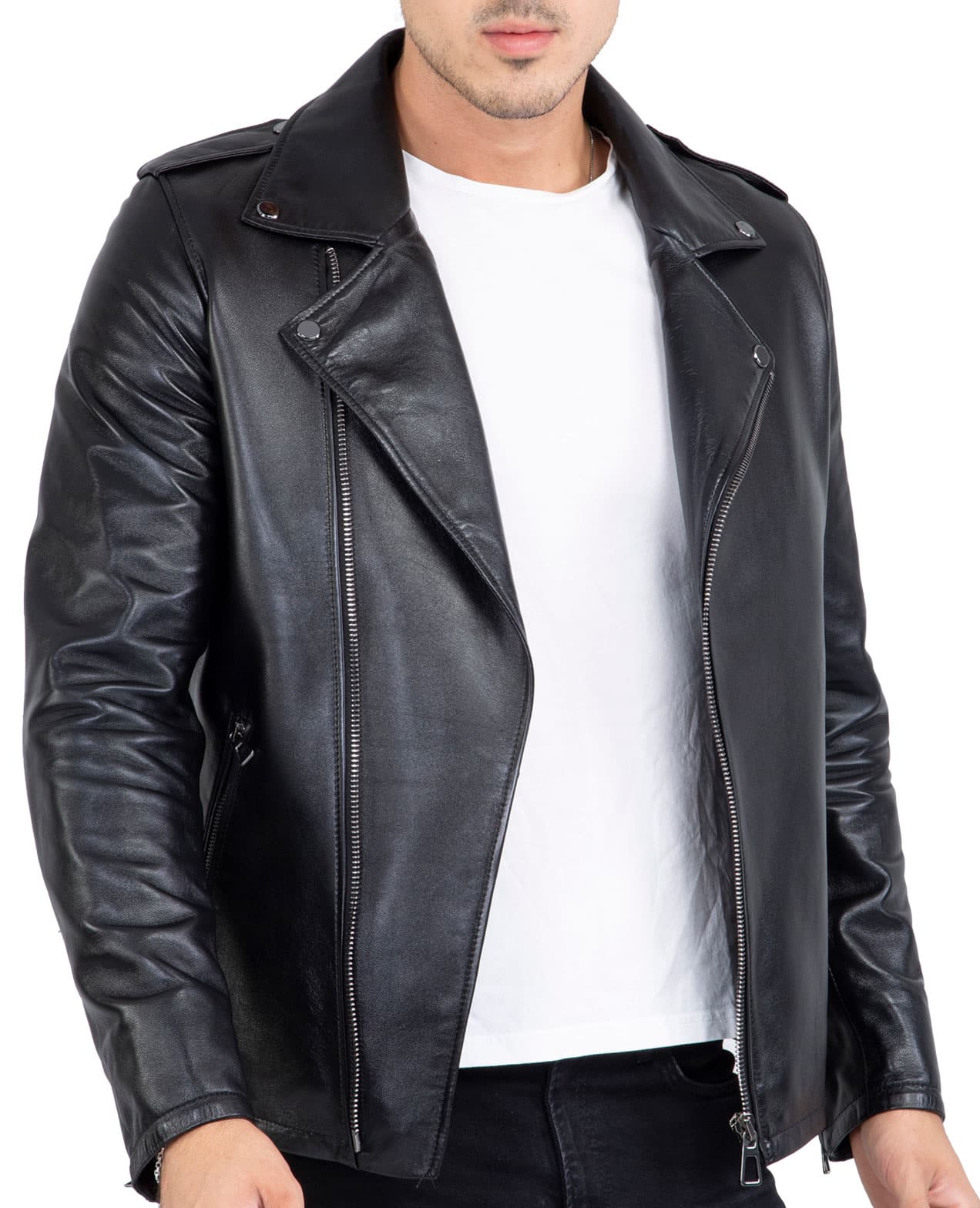 Happy Gentleman B104 - Jaqueta Brando preta slim fit com zíper cruzado em couro legítimo para homens