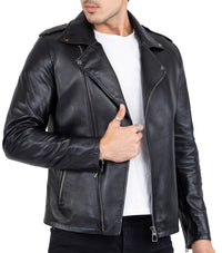 Happy Gentleman B104 - Jaqueta Brando preta slim fit com zíper cruzado em couro legítimo para homens
