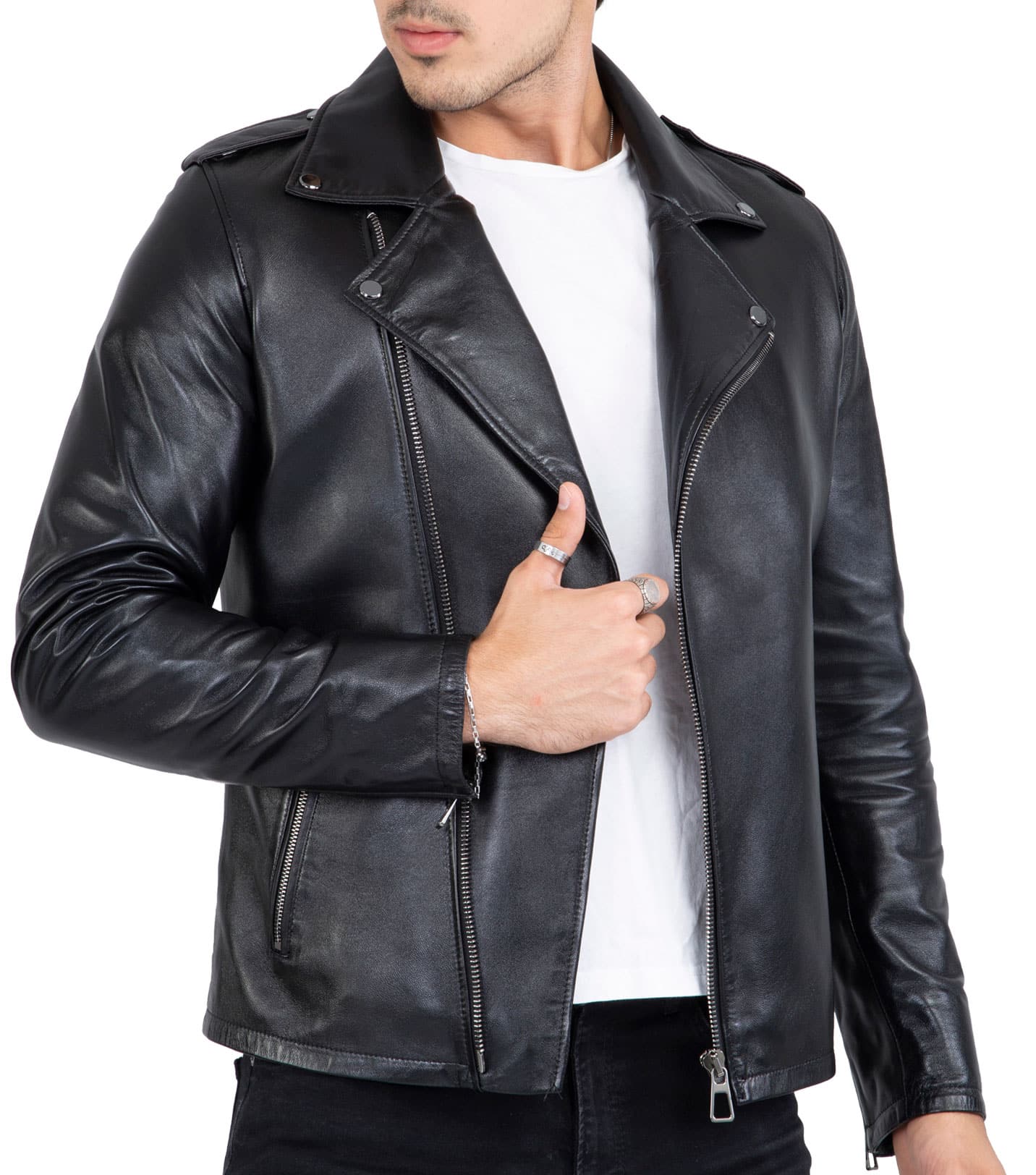 Happy Gentleman B104 - Jaqueta Brando preta slim fit com zíper cruzado em couro legítimo para homens