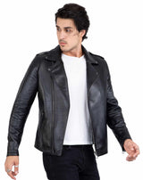 Happy Gentleman B104 - Jaqueta Brando preta slim fit com zíper cruzado em couro legítimo para homens