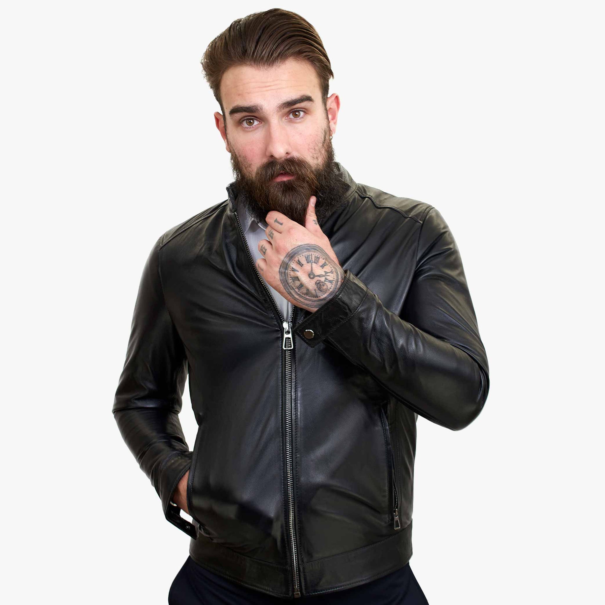 Jaqueta masculina Happy Gentleman B107 em couro de cordeiro preto, estilo clássico, modelagem slim fit.