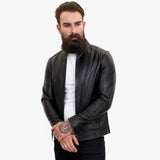 Jaqueta masculina Happy Gentleman B107 em couro de cordeiro preto, estilo clássico, modelagem slim fit.