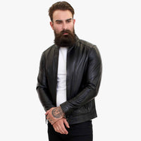 Jaqueta masculina Happy Gentleman B107 em couro de cordeiro preto, estilo clássico, modelagem slim fit.