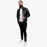 Jaqueta masculina Happy Gentleman B107 em couro de cordeiro preto, estilo clássico, modelagem slim fit.