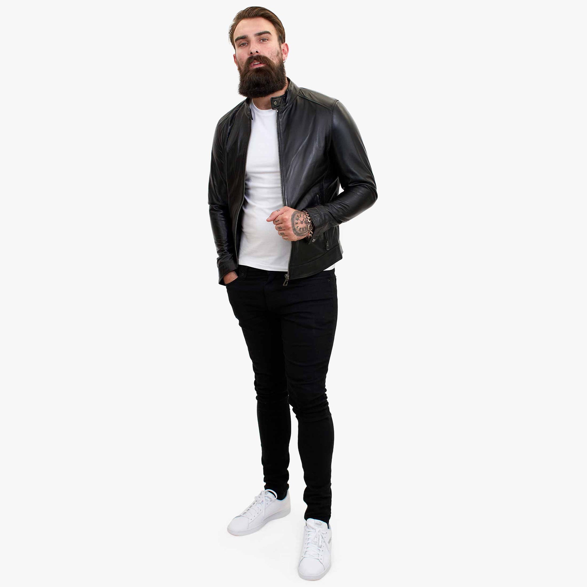 Jaqueta masculina Happy Gentleman B107 em couro de cordeiro preto, estilo clássico, modelagem slim fit.