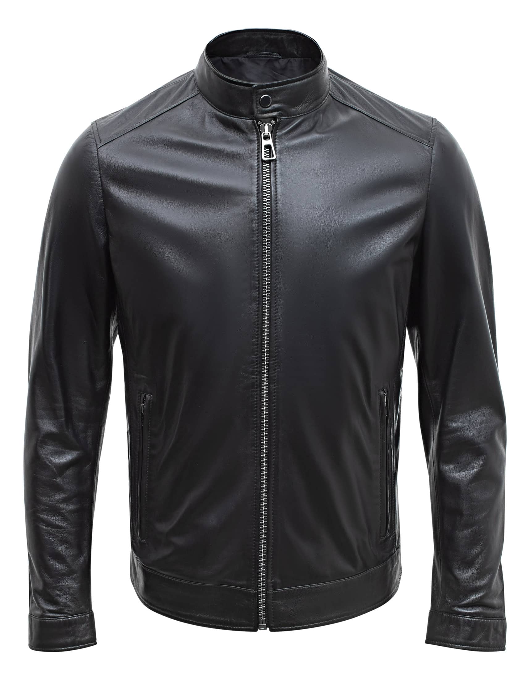 Jaqueta masculina Happy Gentleman B107 em couro de cordeiro preto, estilo clássico, modelagem slim fit.