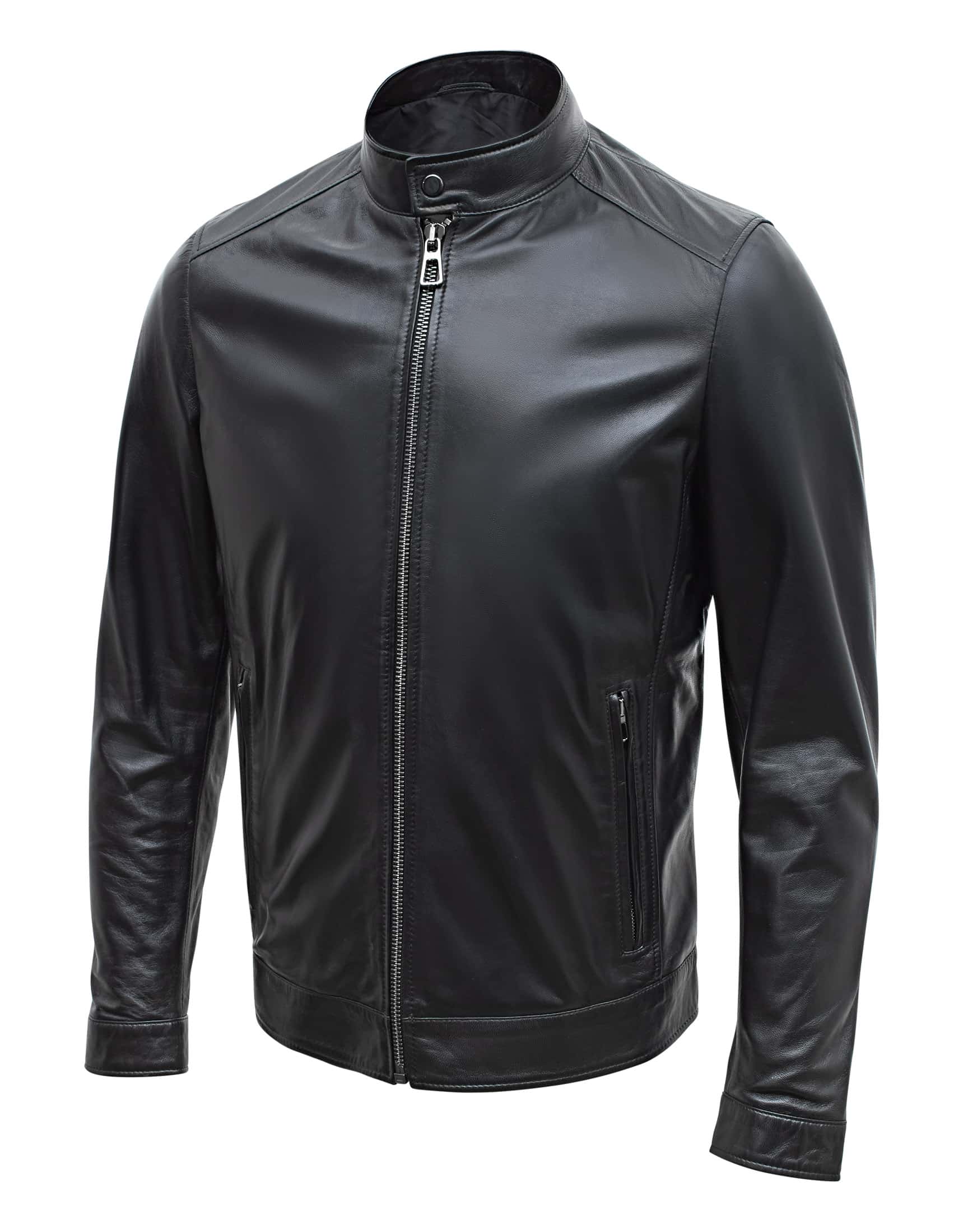 Jaqueta masculina Happy Gentleman B107 em couro de cordeiro preto, estilo clássico, modelagem slim fit.