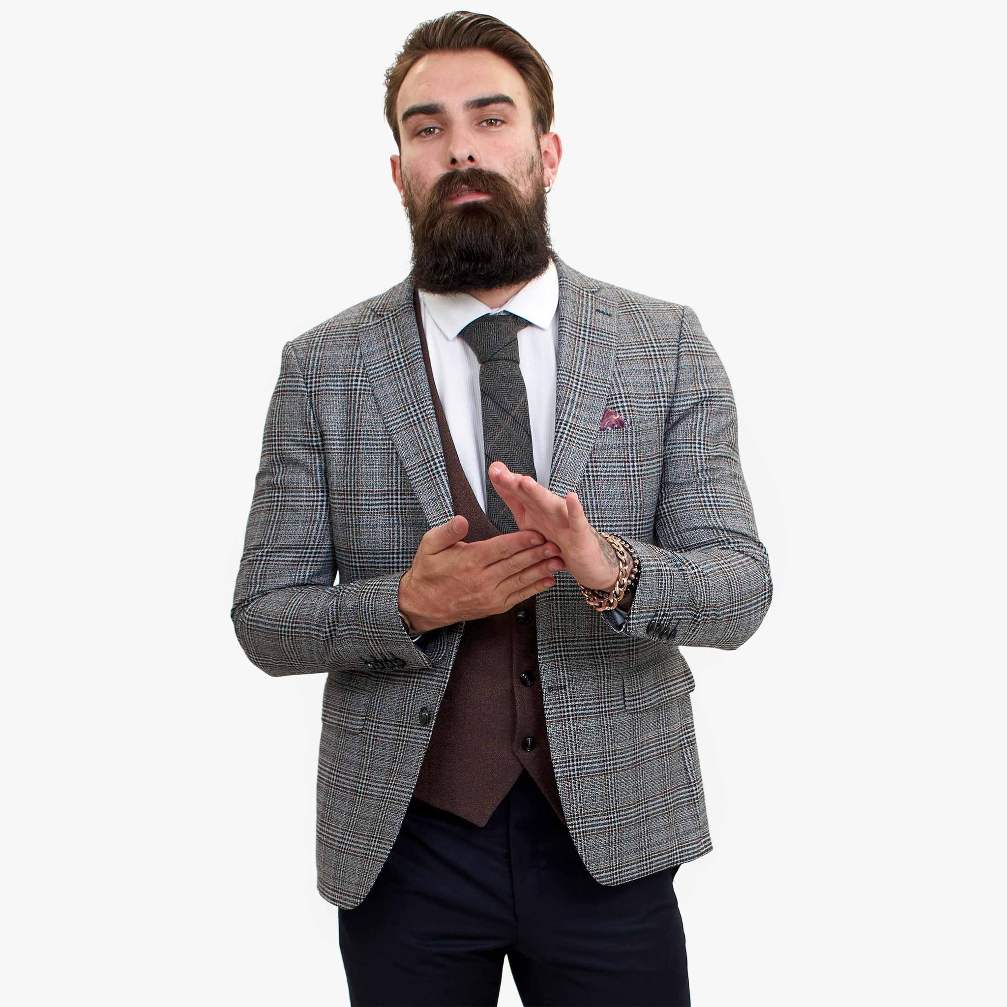 Terno elegante de lã de 3 peças Happy Gentleman com colete marrom contrastante.