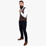 Terno elegante de lã de 3 peças Happy Gentleman com colete marrom contrastante.