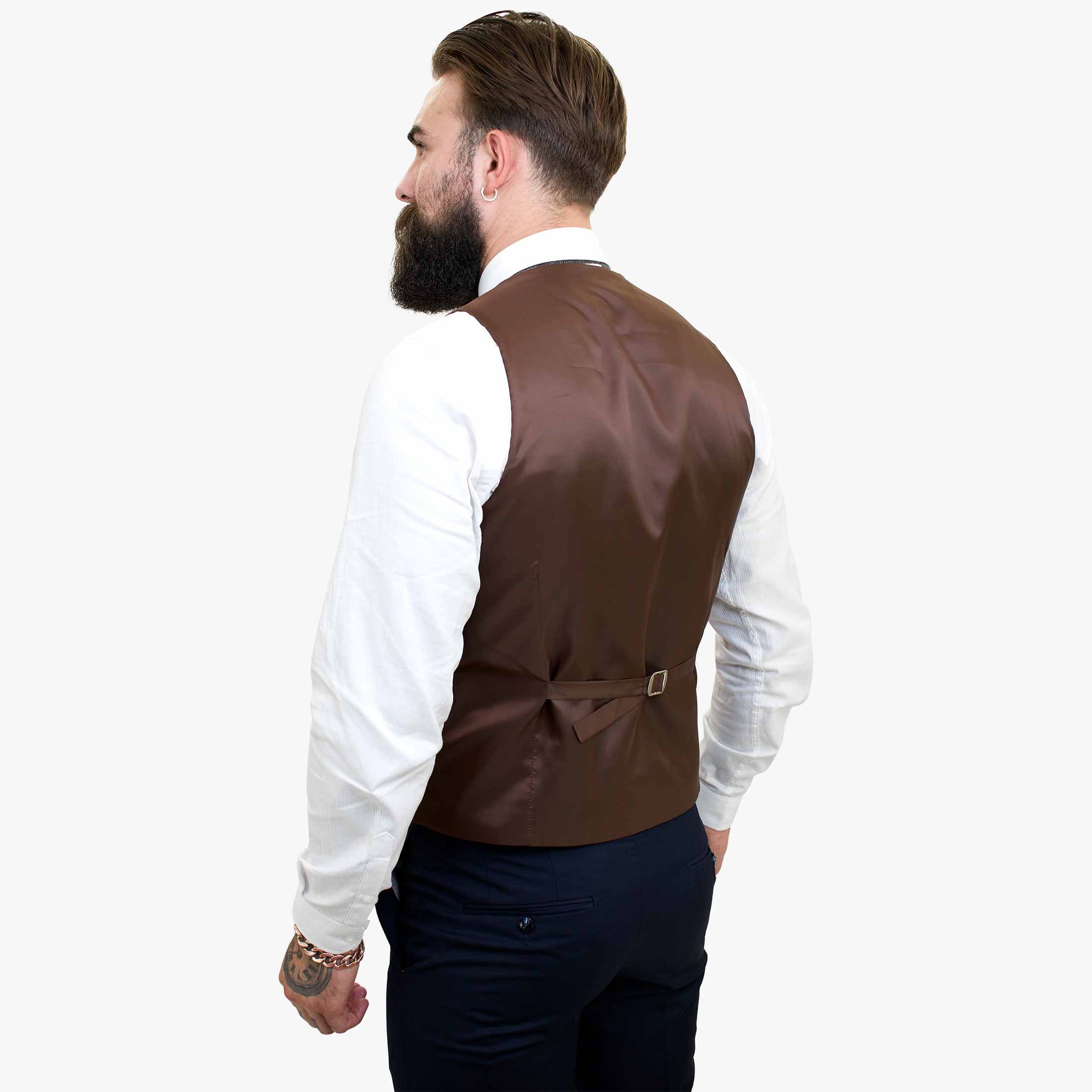 Terno elegante de lã de 3 peças Happy Gentleman com colete marrom contrastante.