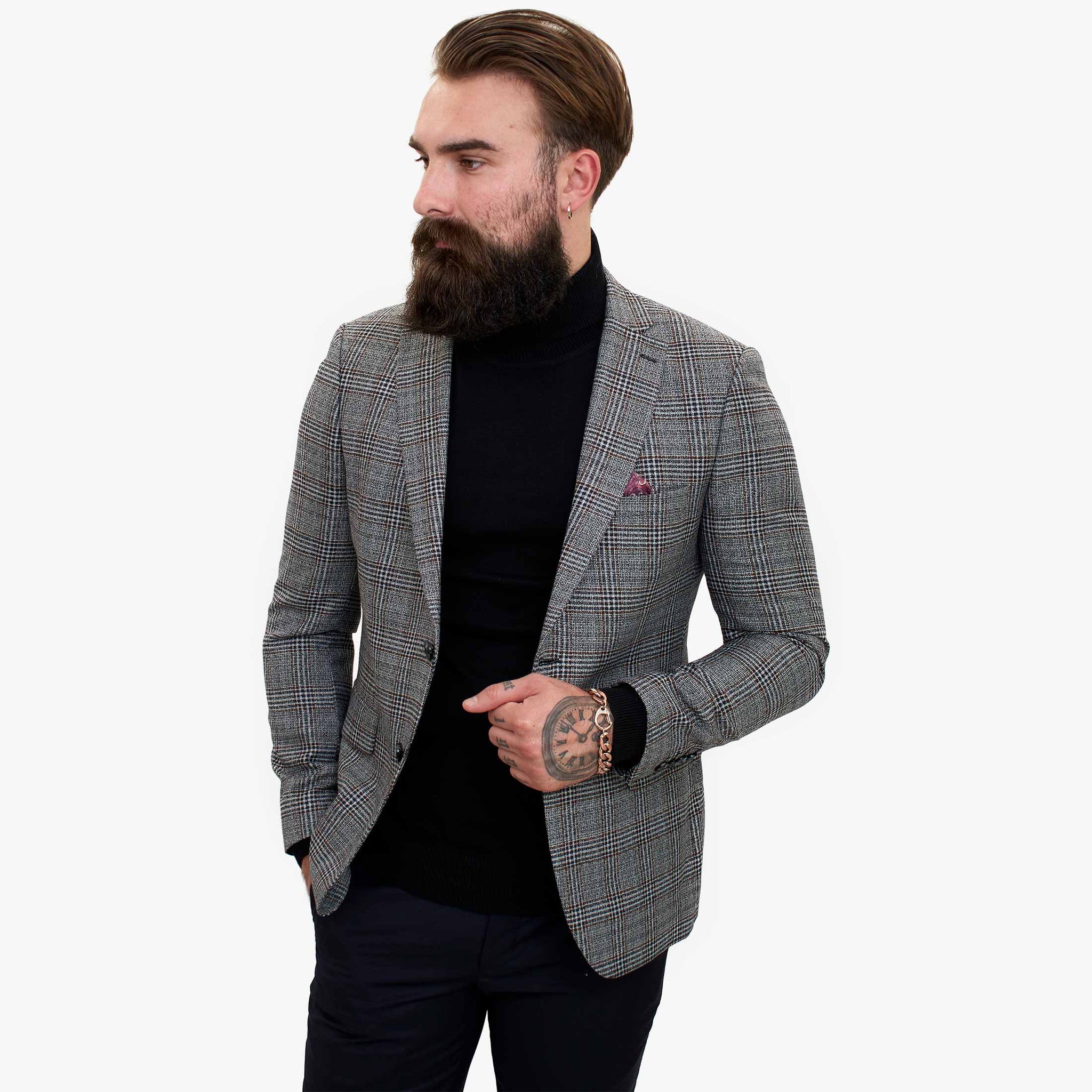 Terno elegante de lã de 3 peças Happy Gentleman com colete marrom contrastante.