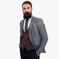 Terno elegante de lã de 3 peças Happy Gentleman com colete marrom contrastante.