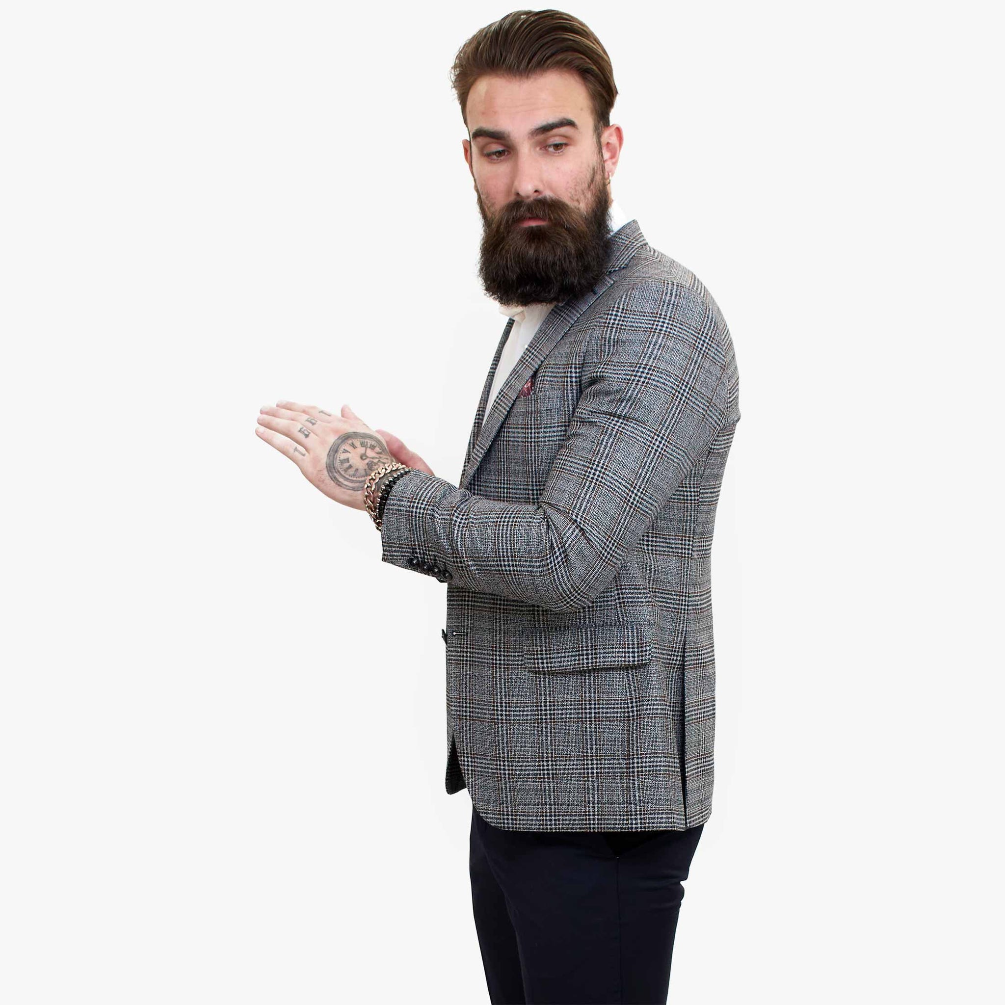 Terno elegante de lã de 3 peças Happy Gentleman com colete marrom contrastante.
