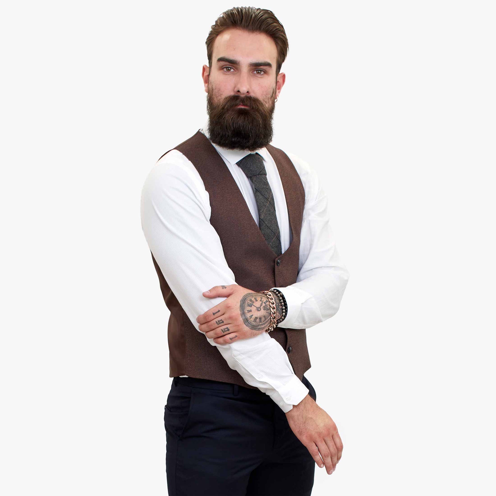 Terno elegante de lã de 3 peças Happy Gentleman com colete marrom contrastante.