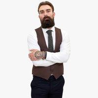 Terno elegante de lã de 3 peças Happy Gentleman com colete marrom contrastante.