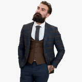 Terno de lã azul-marinho de 3 peças Happy Gentleman GRAZIE com colete marrom contrastante.
