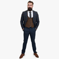 Terno de lã azul-marinho de 3 peças Happy Gentleman GRAZIE com colete marrom contrastante.