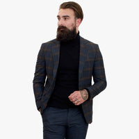 Terno de lã azul-marinho de 3 peças Happy Gentleman GRAZIE com colete marrom contrastante.