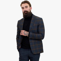 Terno de lã azul-marinho de 3 peças Happy Gentleman GRAZIE com colete marrom contrastante.