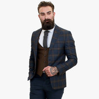 Terno de lã azul-marinho de 3 peças Happy Gentleman GRAZIE com colete marrom contrastante.
