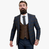 Terno de lã azul-marinho de 3 peças Happy Gentleman GRAZIE com colete marrom contrastante.