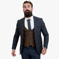 Terno de lã azul-marinho de 3 peças Happy Gentleman GRAZIE com colete marrom contrastante.