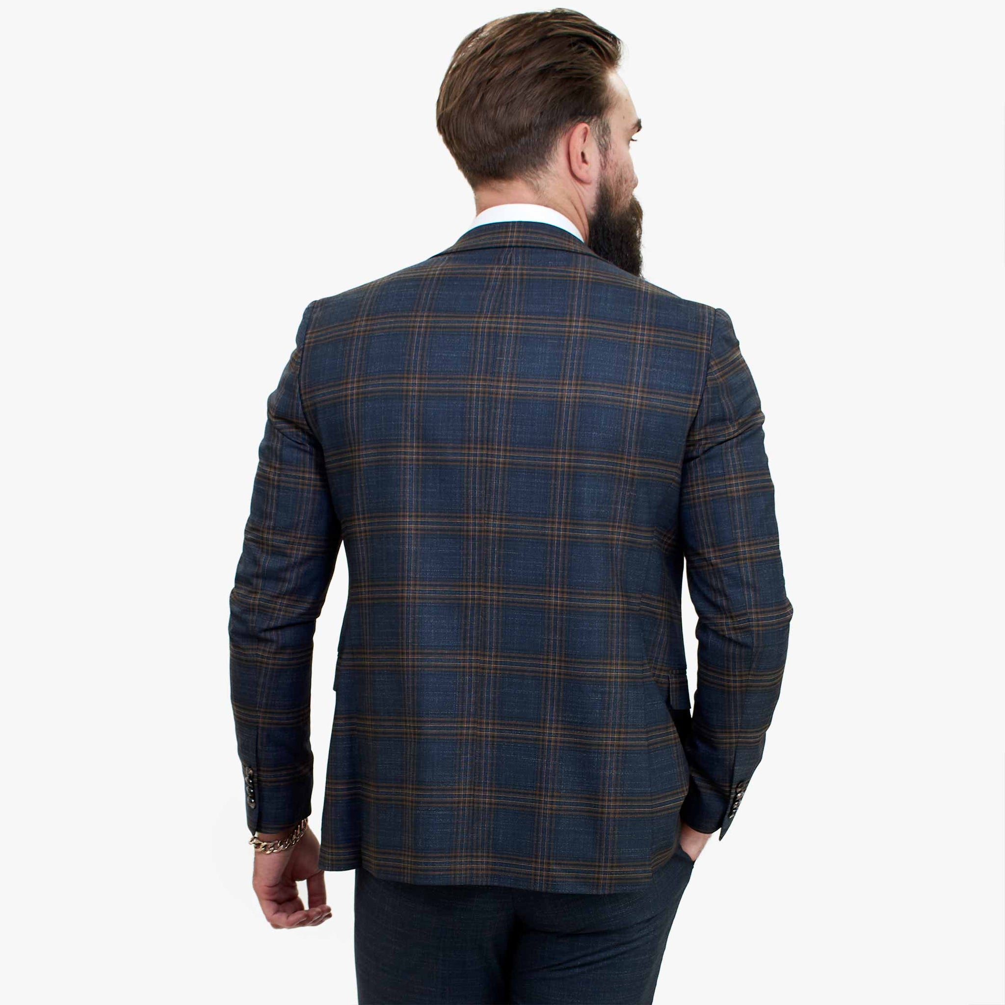 Terno de lã azul-marinho de 3 peças Happy Gentleman GRAZIE com colete marrom contrastante.