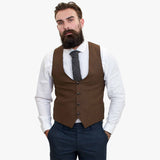 Terno de lã azul-marinho de 3 peças Happy Gentleman GRAZIE com colete marrom contrastante.